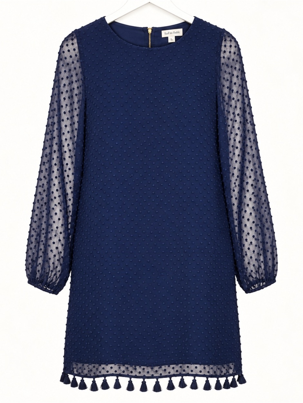Sail to Sable Navy Swiss Dot Long Sleeve Shift with Tassel Hem
